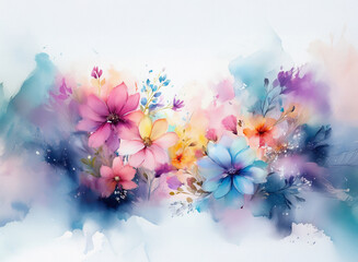 Fototapete - A vibrant watercolor painting showcasing a profusion of colorful flowers in soft hues.  The blossoms are depicted with delicate brushstrokes, creating a dreamy, romantic atmosphere.  Loose washes of c