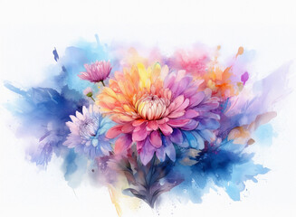 Fototapete - A vibrant watercolor painting showcases a bouquet of colorful chrysanthemums, rendered with soft, impressionistic brushstrokes and watercolor washes.  The composition is dynamic and expressive, full o