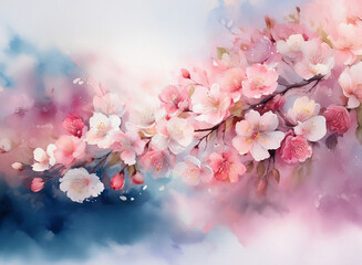 Fototapete - A delicate watercolor painting depicts a blossoming branch, showcasing soft pink and white flowers against a dreamy, pastel background.  The artwork evokes a feeling of serenity and springtime.