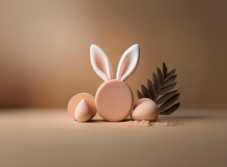 Leinwandbilder - A minimalist Easter bunny, rendered in soft peach tones, sits amidst abstract forms and a fern frond, creating a serene spring scene.