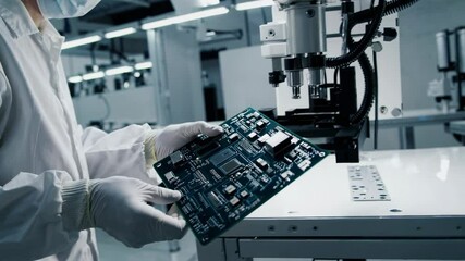 Fototapete - Technician examines circuit board in cleanroom environment with advanced equipment and bright lighting