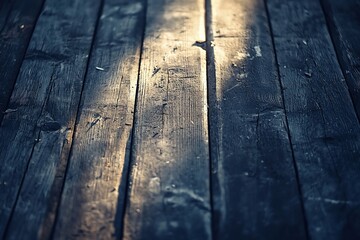 Wall Mural - Close-up of weathered wooden planks with soft lighting highlighting textures and shadows