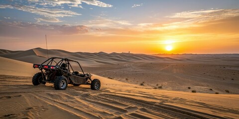 Wall Mural - Desert sun setting behind off-road buggy, peaceful, clouds, vast, desert