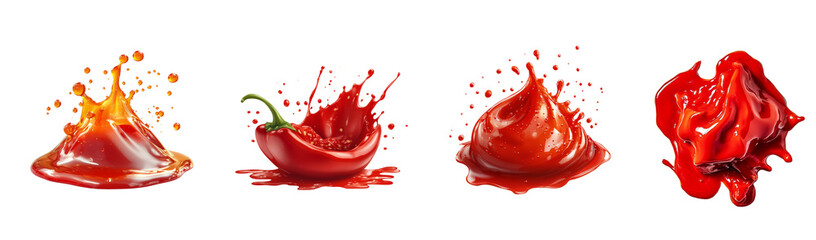 Wall Mural - a digital image showcasing four dynamic splashes and drips of red pepper sauce, including one with a