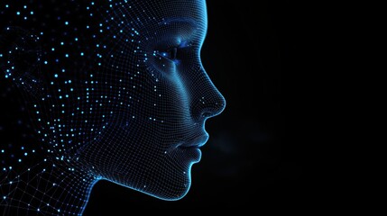 Digital face, a wireframe representation of a human head, glowing nodes forming a mesh.