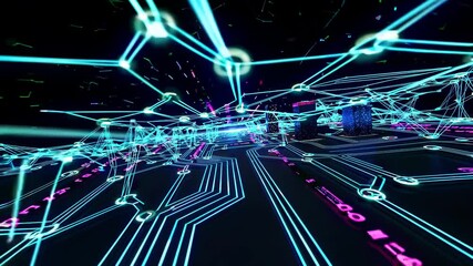 Leinwandbilder - Explore a vibrant digital landscape filled with glowing connections and intricate network patterns at night