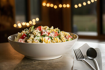 homestyle pasta salad with mayo-based dressing