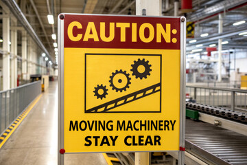 a warning sign indicating to stay clear of moving machinery, emphasizing safety in an industrial env