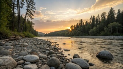 Sticker - forest river at sunset with stones on shore, evening light, warm glow, calm, sunset, river