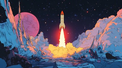 Wall Mural - Dreamy Space Scene with Colorful Rocket Launching into the Cosmos