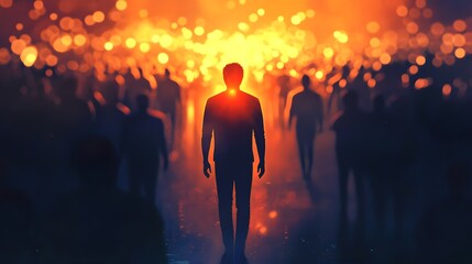 Aufkleber - Silhouette of Person Walking Towards Bright Light with Crowd Background