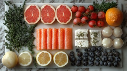 Canvas Print - Fresh fruits and sushi arranged on a marble surface, showcasing vibrant colors and textures