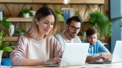 Wall Mural - Three people working on laptops in trendy coworking space with plants and shelves. atmosphere is collaborative and focused, with natural light enhancing modern interior design