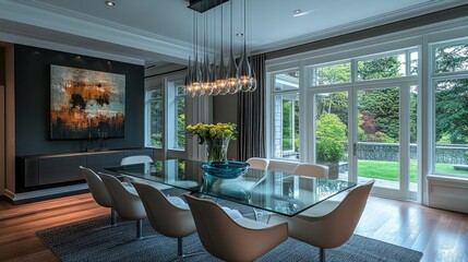 Wall Mural - Modern Dining Room With Glass Table And Garden View