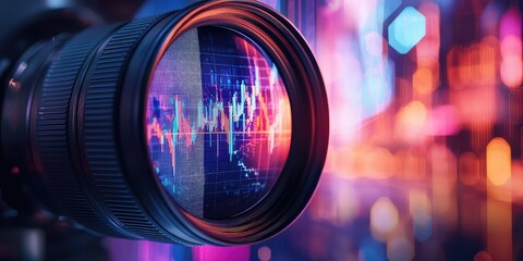 Wall Mural - a camera lens with stock market charts reflected in it.