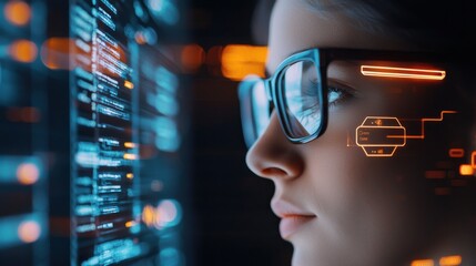 Computer programmer working on complex software code in futuristic digital environment