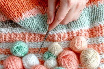  A pair of hands work on a pastel-coloured scarf using needles. Skeins of soft yarn are scattered around, adding warmth to the scene. Handmade conception and knitting activity