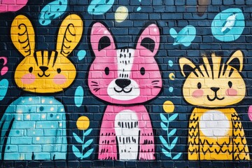 Vibrant mural featuring whimsical animal characters on a dark brick background