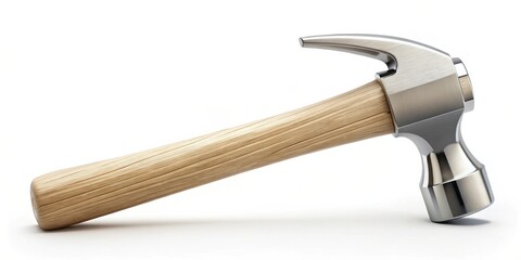 A smooth, curved claw hammer with a light wood handle rests on a white surface