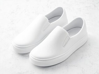 slip-on shoes mockup, Stylish white slip-on shoes on a light textured surface, perfect for casual wear and fashion photography.