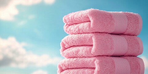 Wall Mural - elegant pink towels stacked neatly against a bright blue sky background with fluffy clouds providing
