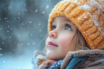 A child looks up in wonder at falling snow their face dusted with snowflakes