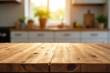 Wall Mural - wooden kitchen countertop with blurred background of bright, sunlit kitchen interior