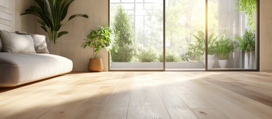 Wall Mural - Elegant Oak Wood Flooring in a Sunlit Living Space Featuring Lush Green Plants and Modern Interior Design, Ideal for Relaxation and Interaction.