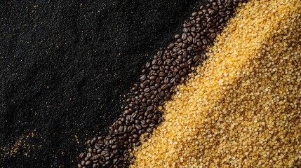 Wall Mural - Close-Up of Aromatic Yellow and Brown Coffee Grounds on Black Background Ideal for Banner Design Featuring Empty Copy Space for Text