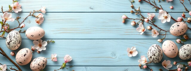 Wall Mural - Easter Celebration Background Featuring Taupe Eggs and Spring Flowers on Light Blue Wooden Surface with Empty Space for Text and Greetings