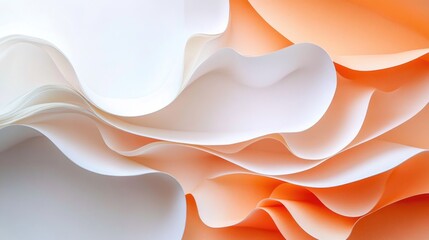 Wall Mural - Pastel orange and white folded paper texture background with abstract waves and soft shadows ideal for minimal design and ample copy space.