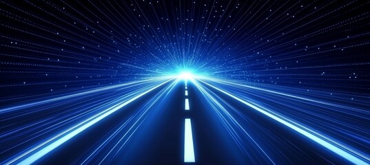 Futuristic Digital Highway Blue Data Flow and Transformation, Speed in Cyberspace Communication