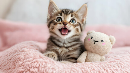 Wall Mural - Adorable Tabby Kitten with Open Mouth and Soft Toy Bear on Cozy Blanket Background