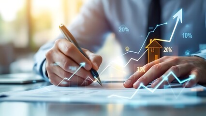 Wall Mural - real estate market growth with rising interest rates concept. close-up of a person writing on a tabl