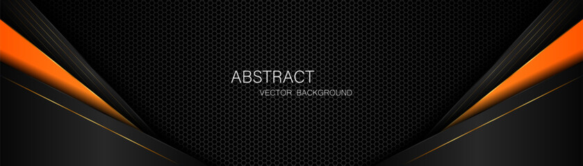 Poster - Abstract black and orange polygon with golden lines on dark steel mesh background with free space for design. modern technology innovation concept background	