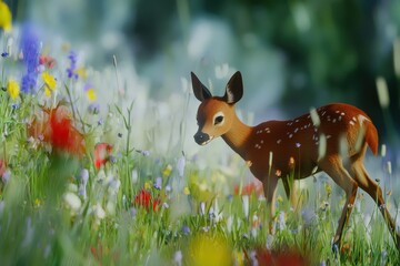 Fawn in the Meadow A young deer standing in a meadow surrounded by wildflowers