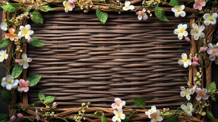 Canvas Print - Woven wicker texture framed with artificial mini flowers and leaves on dark background, ideal for floral decoration or text placement.