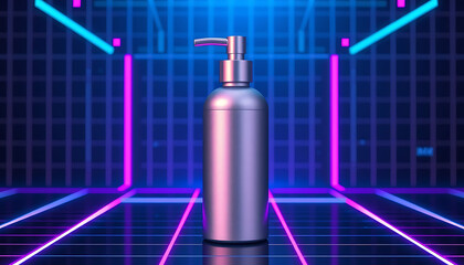 Plain matte silver pump bottle mockup with sharp, clean lines, backlit by blue and purple neon lights. The background features a futuristic digital grid pattern.