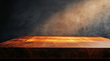 Poster - Empty wooden table illuminating by spotlight against dark concrete wall background