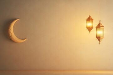 blurry profile view of crescent moon and lantern hanging on decorated wall glowing warmly under diff