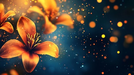 Poster - Orange lilies blooming in magical night with sparkling particles