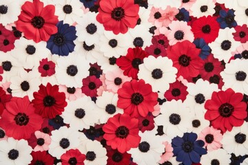 Canvas Print - Colorful floral background featuring vibrant red, white, and blue anemone flowers ideal for seasonal designs, celebrations, and artistic concepts