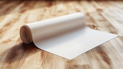 Aufkleber - White rolled up paper lying on wooden table