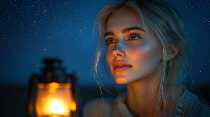 Wall Mural - woman under starry night sky holding glowing lantern tranquil nighttime portrait