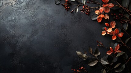 Poster - Orange flowers and dark leaves creating a border on black textured background