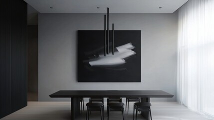 Wall Mural - A black and white painting hangs on the wall above a long wooden table