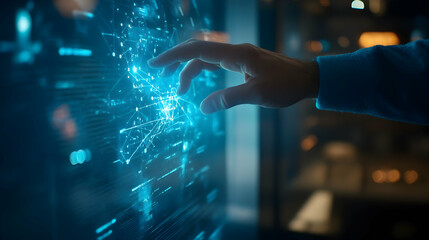 Hand interacts with digital map; futuristic tech background