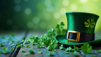 Festive Saint Patrick's Day Scene: Leprechaun Hat, Shamrocks, and Green Background for Holiday Marketing