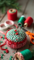 A delightful pincushion adorned with a red and green checkered pattern sits amidst vibrant spools of thread and playful embellishments. This cozy scene captures the spirit of creativity and holiday