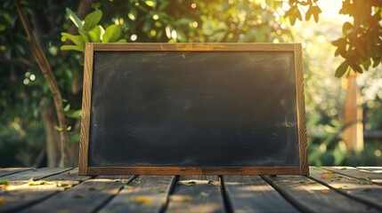 Wall Mural - Blackboard on wooden surface with sunlight and green tree blur in the background, ideal for product display.